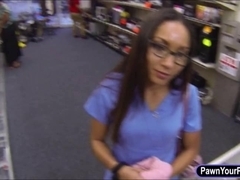 Desperate latina nurse in glasses trades her muff with cash