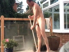 naked dad does chores outside