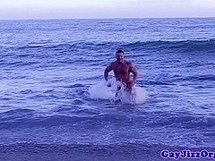 Bukkake beach bears cum covering after anal