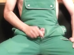 wank and cum in bib overalls on rubbermat and apron