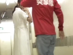 Public sharking video with Japanese nurse in white panty