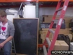 Huge dick guy gets anal banged in the pawnshop by two guys