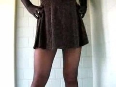 Crossdresser in black pantyhose jerking