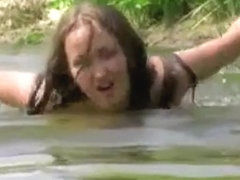 Delicious golden-haired wife is caught on movie scene by his lusty husband in a public lake