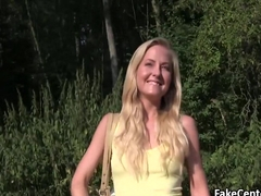 Blond with small tits fucks outdoor
