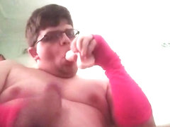 Sucking Dildo While Fapping with Pink Arm Warmers