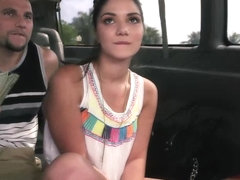 Teen cutie strips and rubs cock in a van