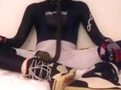 Ejaculation in wetsuit with gasmask