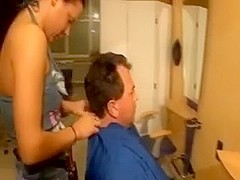 After a haircut, fat guy fucked a brunette bimbo